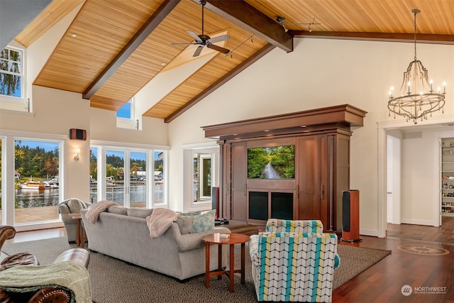 living room featuring high vaulted ceiling, wood ceiling, dark wood-type flooring, a water view, and ceiling fan with notable chandelier