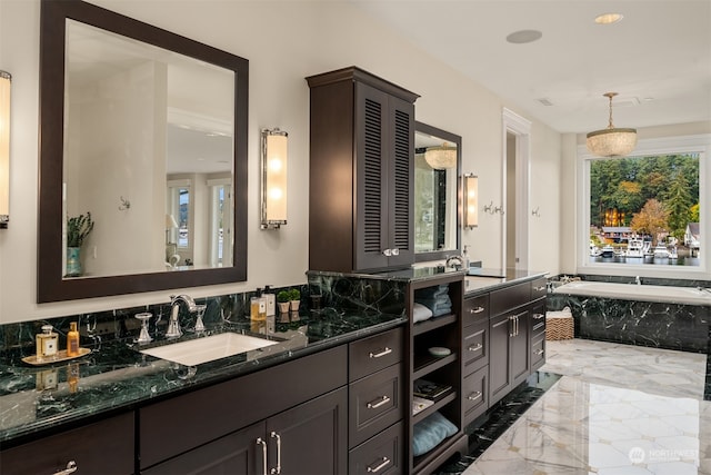 bathroom with vanity, a healthy amount of sunlight, and a washtub