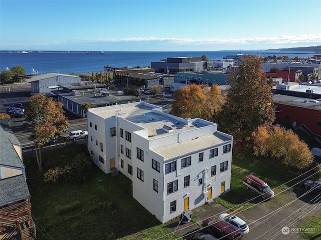 drone / aerial view with a water view