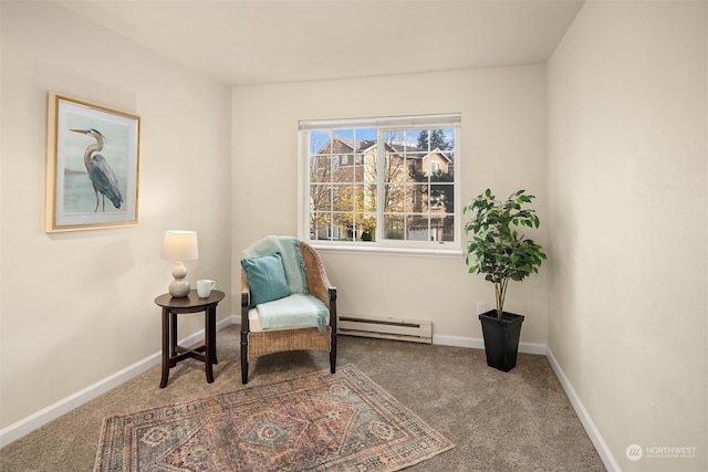 living area featuring carpet and a baseboard radiator