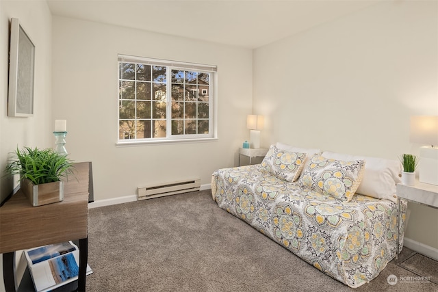 carpeted living room featuring a baseboard heating unit