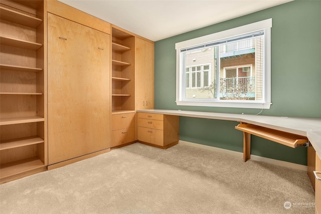 interior space with built in desk and light carpet