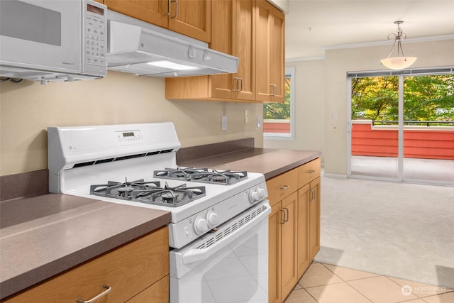 kitchen with extractor fan, ornamental molding, pendant lighting, light colored carpet, and white appliances