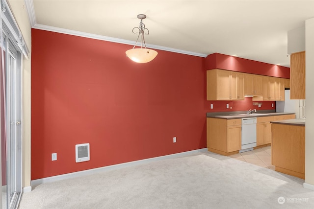 kitchen with light carpet, ornamental molding, decorative light fixtures, and white appliances