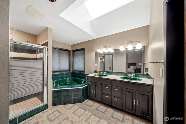 bathroom with tile patterned floors, vanity, and plus walk in shower