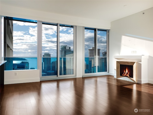 unfurnished living room featuring a fireplace, wood-type flooring, and a water view