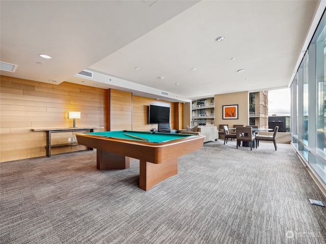 game room featuring light carpet, wood walls, and billiards