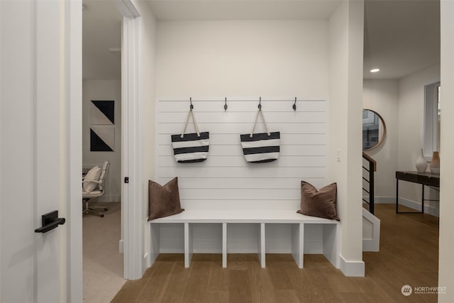 mudroom featuring wood-type flooring