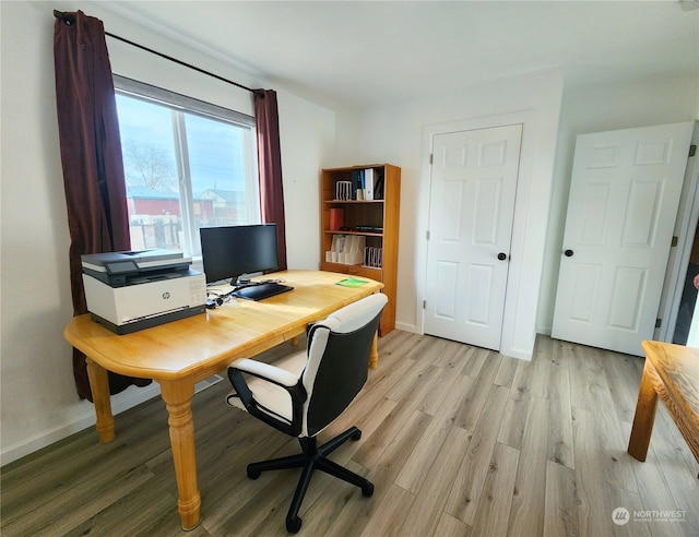 home office featuring light hardwood / wood-style floors