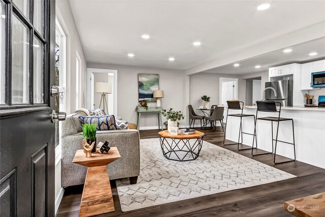 living room with dark hardwood / wood-style flooring