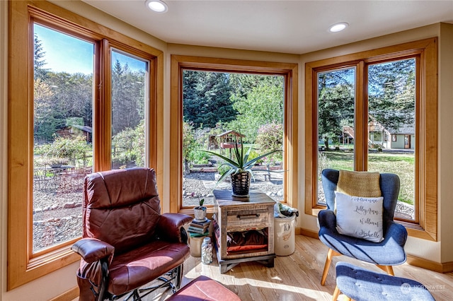 living area featuring light hardwood / wood-style floors and a healthy amount of sunlight