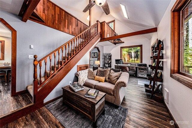 107 Dowans Creek Rd, Forks, WA 98331 - living area with stairs, wood finished floors, plenty of natural light, and a ceiling fan