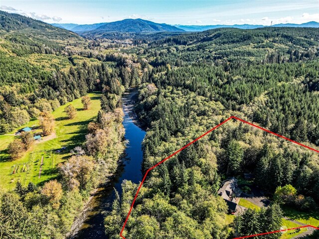 107 Dowans Creek Rd, Forks, WA 98331 - aerial view of property's location featuring a forest, property parcel outlined, and a water and mountain view