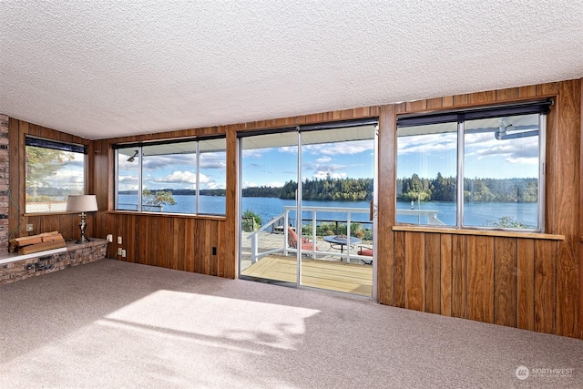 sunroom / solarium with carpet floors, a water view, and wooden walls