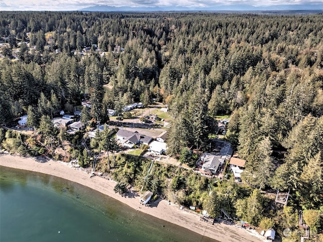 drone / aerial view with a water view and a wooded view