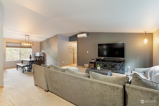 living room featuring a wall mounted air conditioner, vaulted ceiling, and carpet flooring