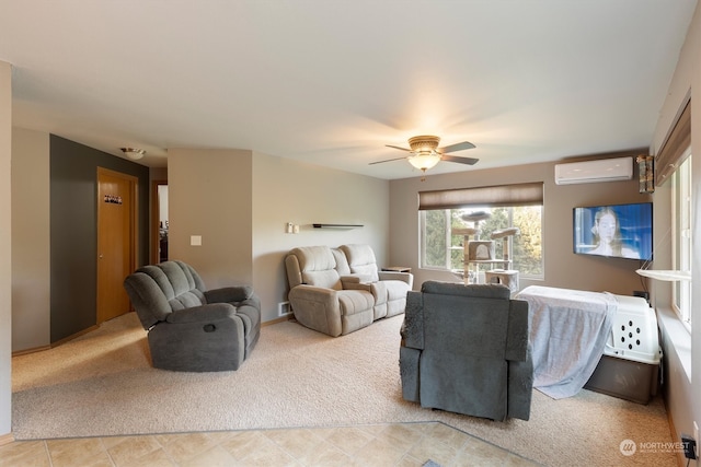 living room featuring a wall mounted air conditioner and ceiling fan