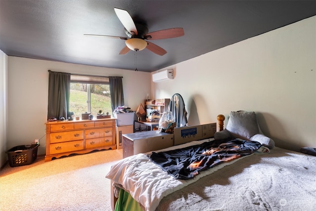 carpeted bedroom featuring ceiling fan and an AC wall unit