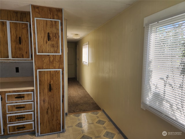 hallway featuring wood walls