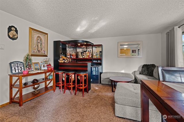 carpeted living room with a textured ceiling