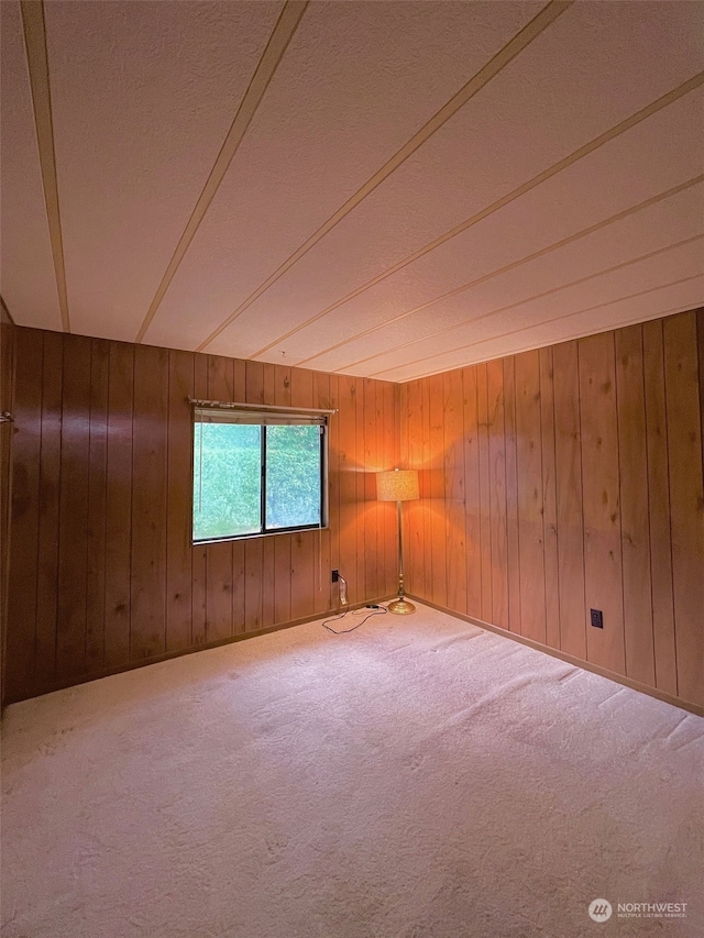 carpeted empty room featuring wooden walls