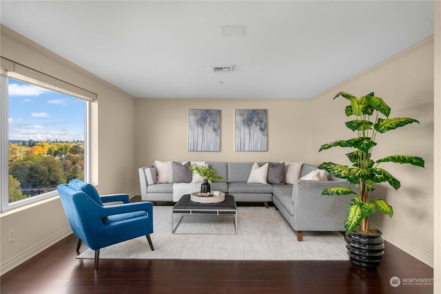 3201 Pacific Ave Unit 1201, Tacoma, WA 98418 - living area with baseboards, healthy amount of natural light, wood finished floors, and crown molding