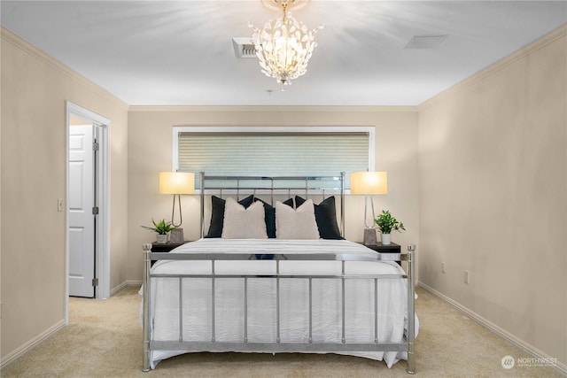 3201 Pacific Ave Unit 1201, Tacoma, WA 98418 - bedroom with carpet, ornamental molding, a chandelier, and baseboards