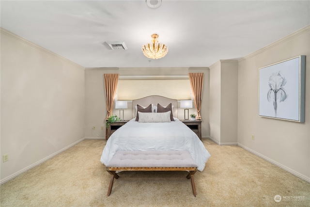 carpeted bedroom featuring crown molding and a chandelier