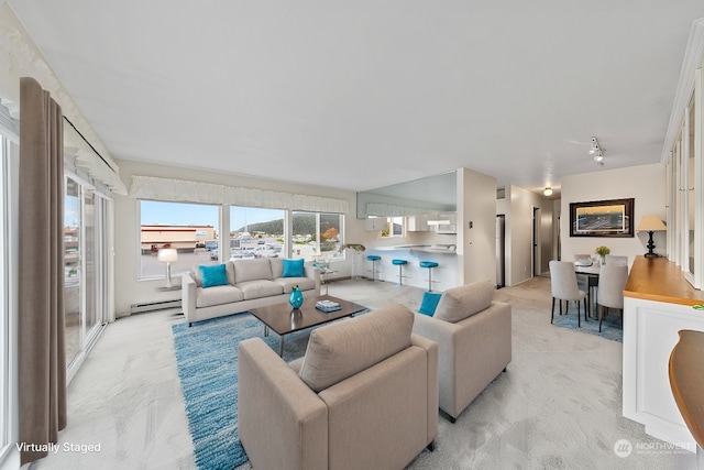 living room featuring light carpet and baseboard heating