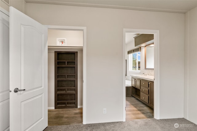 unfurnished bedroom featuring light hardwood / wood-style floors, a closet, ensuite bath, and sink