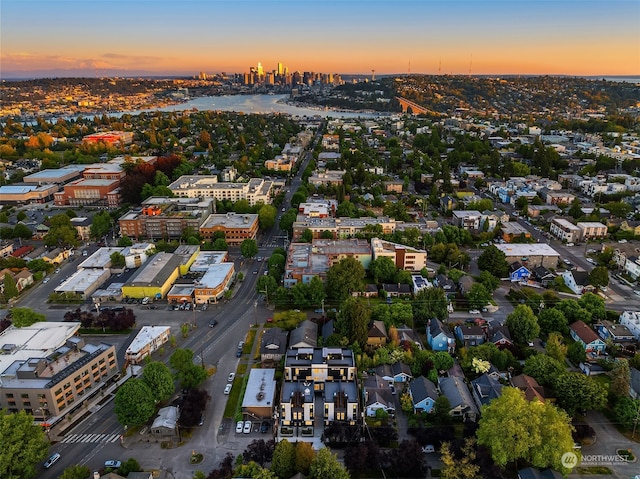 view of aerial view at dusk