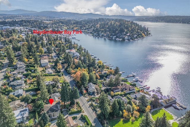 birds eye view of property with a water and mountain view