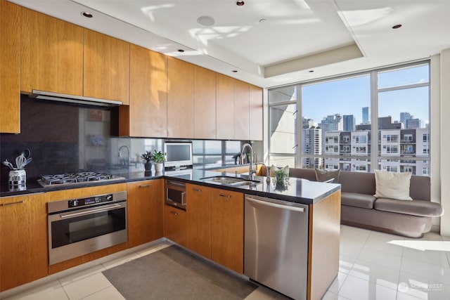 kitchen with exhaust hood, backsplash, appliances with stainless steel finishes, light tile patterned flooring, and sink