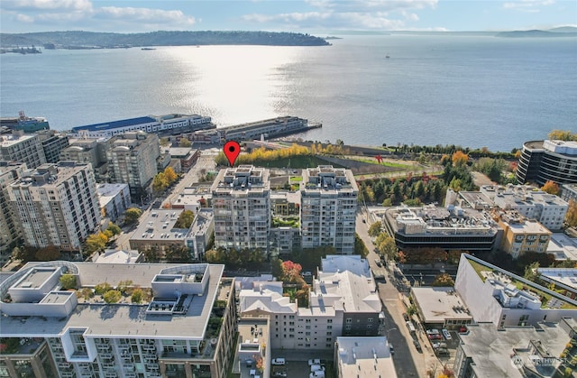 drone / aerial view featuring a water view