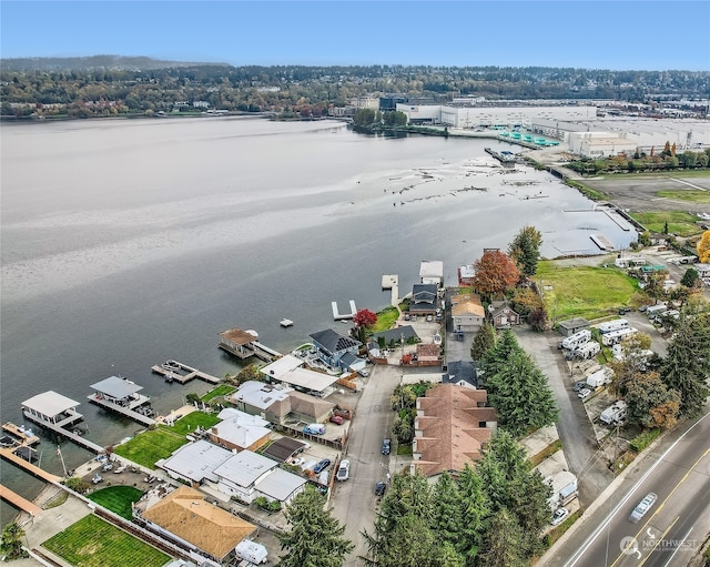 drone / aerial view with a water view