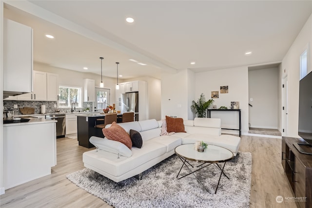 living room featuring sink and light wood-type flooring