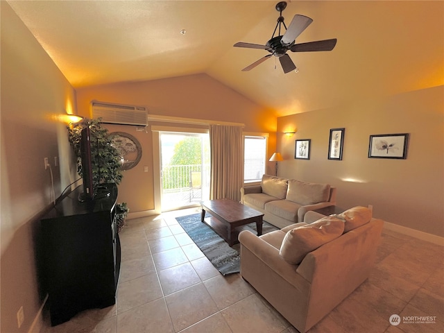 living room featuring light tile patterned floors, ceiling fan, lofted ceiling, and a wall unit AC