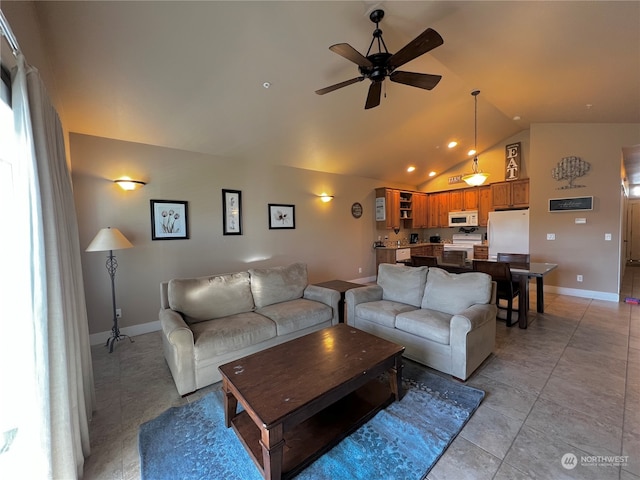 living room featuring lofted ceiling and ceiling fan