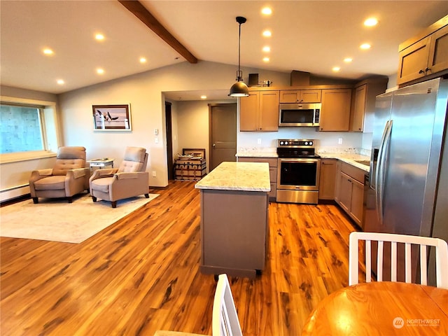 kitchen with appliances with stainless steel finishes, light stone countertops, light hardwood / wood-style flooring, pendant lighting, and lofted ceiling with beams