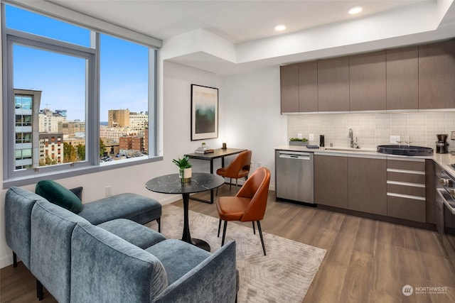 kitchen with stainless steel dishwasher, light hardwood / wood-style floors, a wealth of natural light, and tasteful backsplash