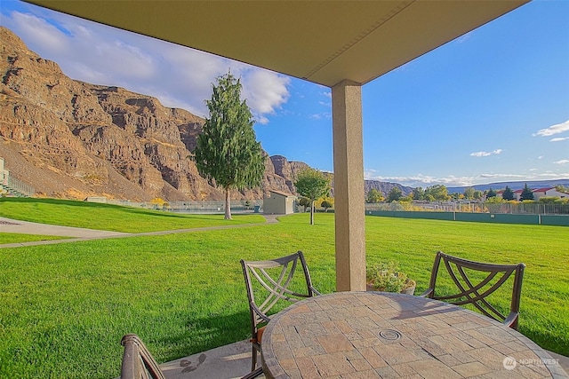 view of patio featuring a mountain view