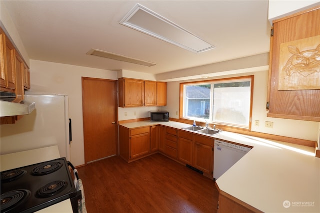 kitchen with white appliances, ventilation hood, dark hardwood / wood-style flooring, and sink