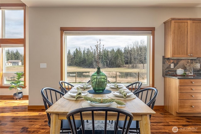 dining room with dark wood-style flooring and baseboards