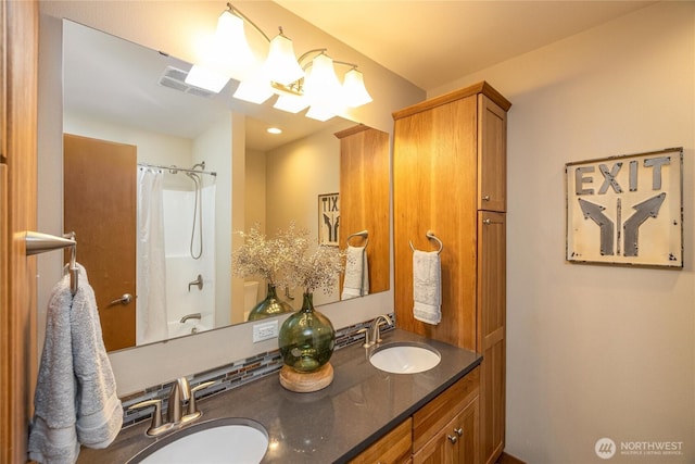 bathroom with visible vents, a sink, and double vanity