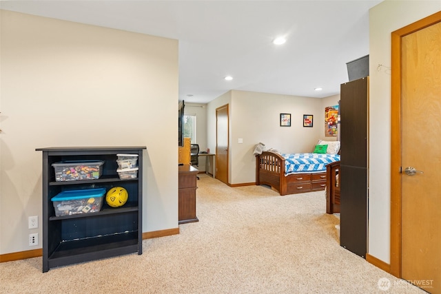 carpeted bedroom with recessed lighting and baseboards