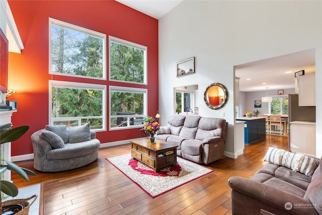 living room with a wealth of natural light, a towering ceiling, and hardwood / wood-style flooring