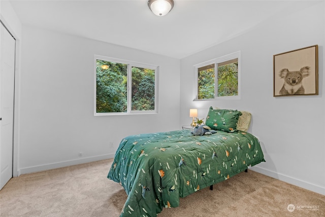 bedroom with light carpet and a closet