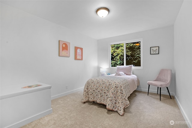 bedroom with light carpet