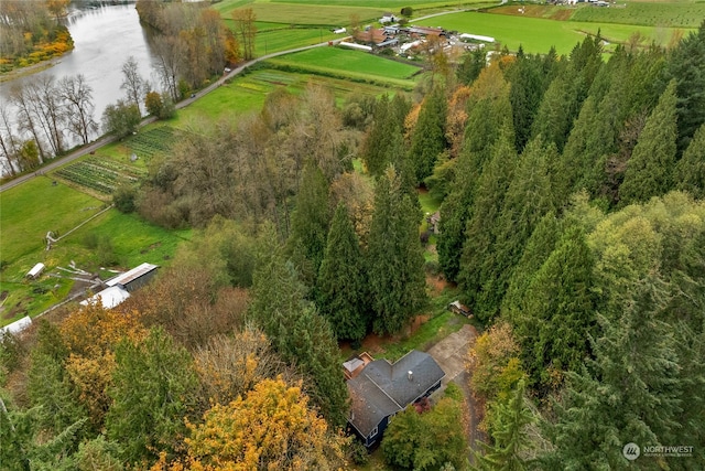 bird's eye view with a water view and a rural view