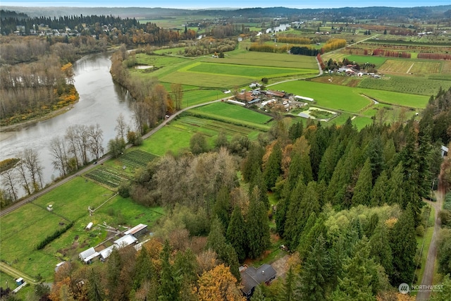 bird's eye view with a water view and a rural view